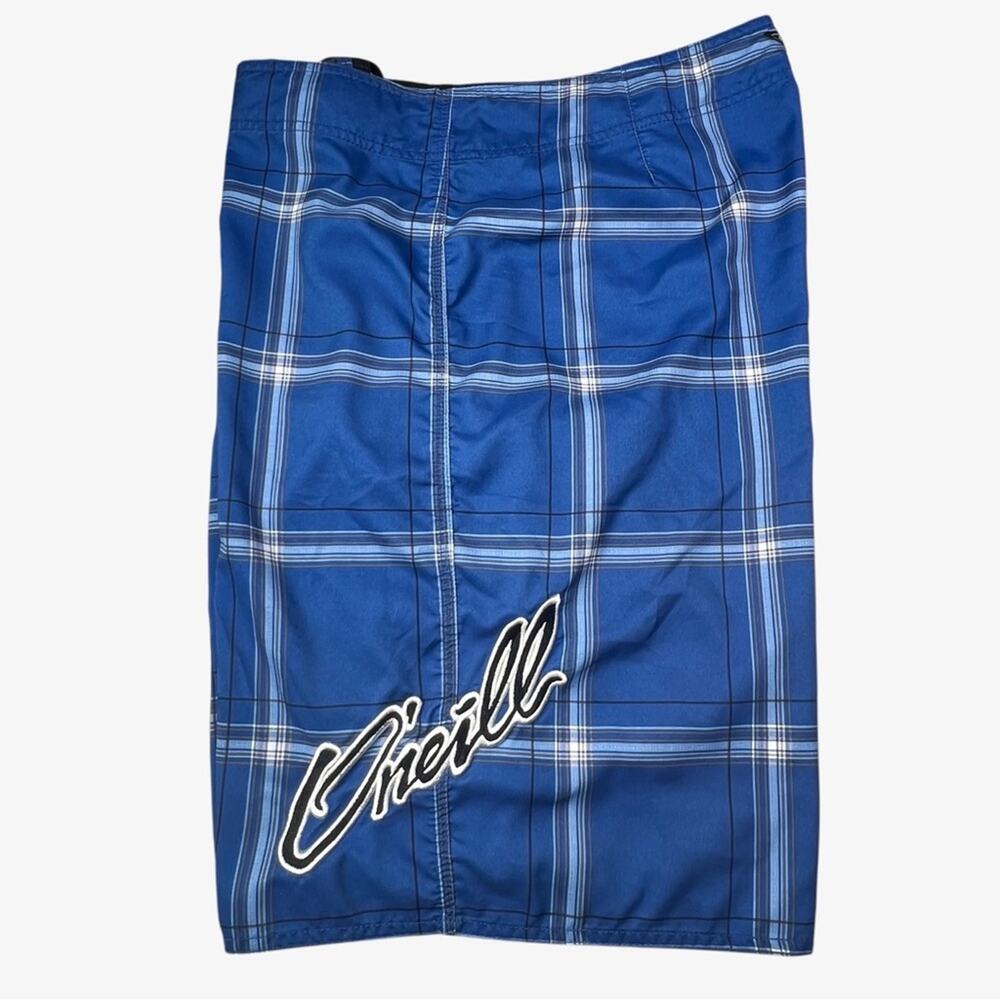 O'Neill Mens Cargo Board Shorts Size 38 Blue Plaid VTG Y2K Swim Surf Casual